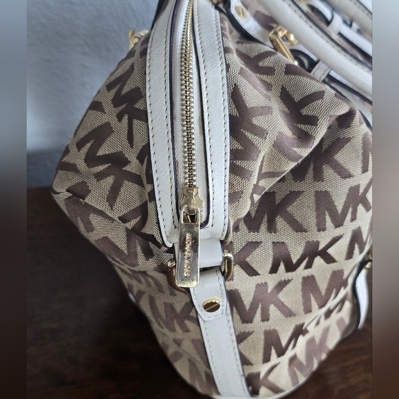 Michael Kors Handbag Bedford Women Medium Logo Jacquard Satchel Beige Vanilla - Picture 11 of 15